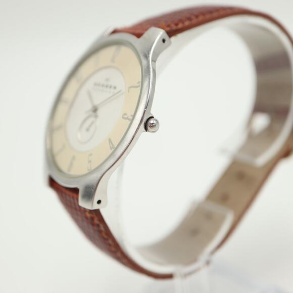Skagen Men Two Tone Slim Swiss Parts 38mm Watch Brown Lizard Leather New Battery - Picture 9 of 16